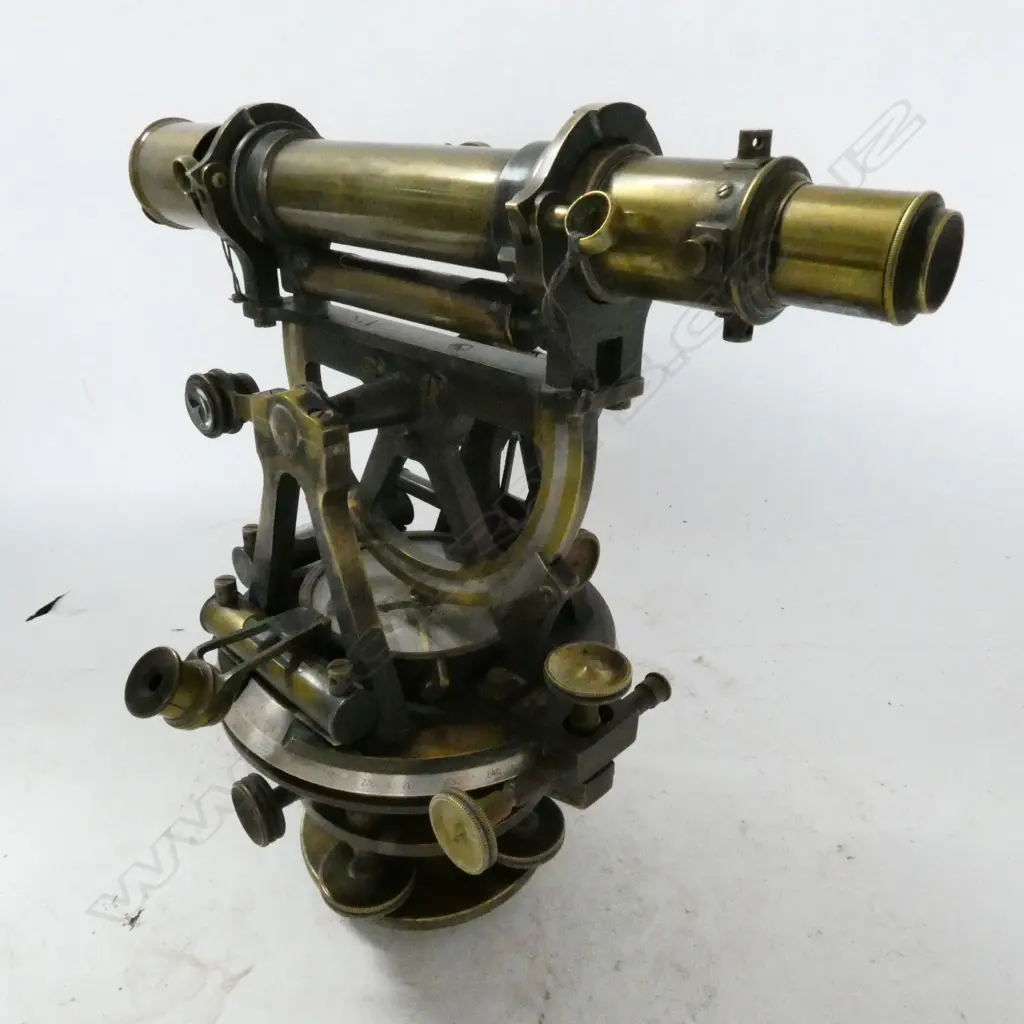 TROUGHTON & SIMMS BRASS THEODOLITE, w 10½" TELESCOPE, IN MAHOG BOX, w LEATHER TRAVEL CASE Image 1++